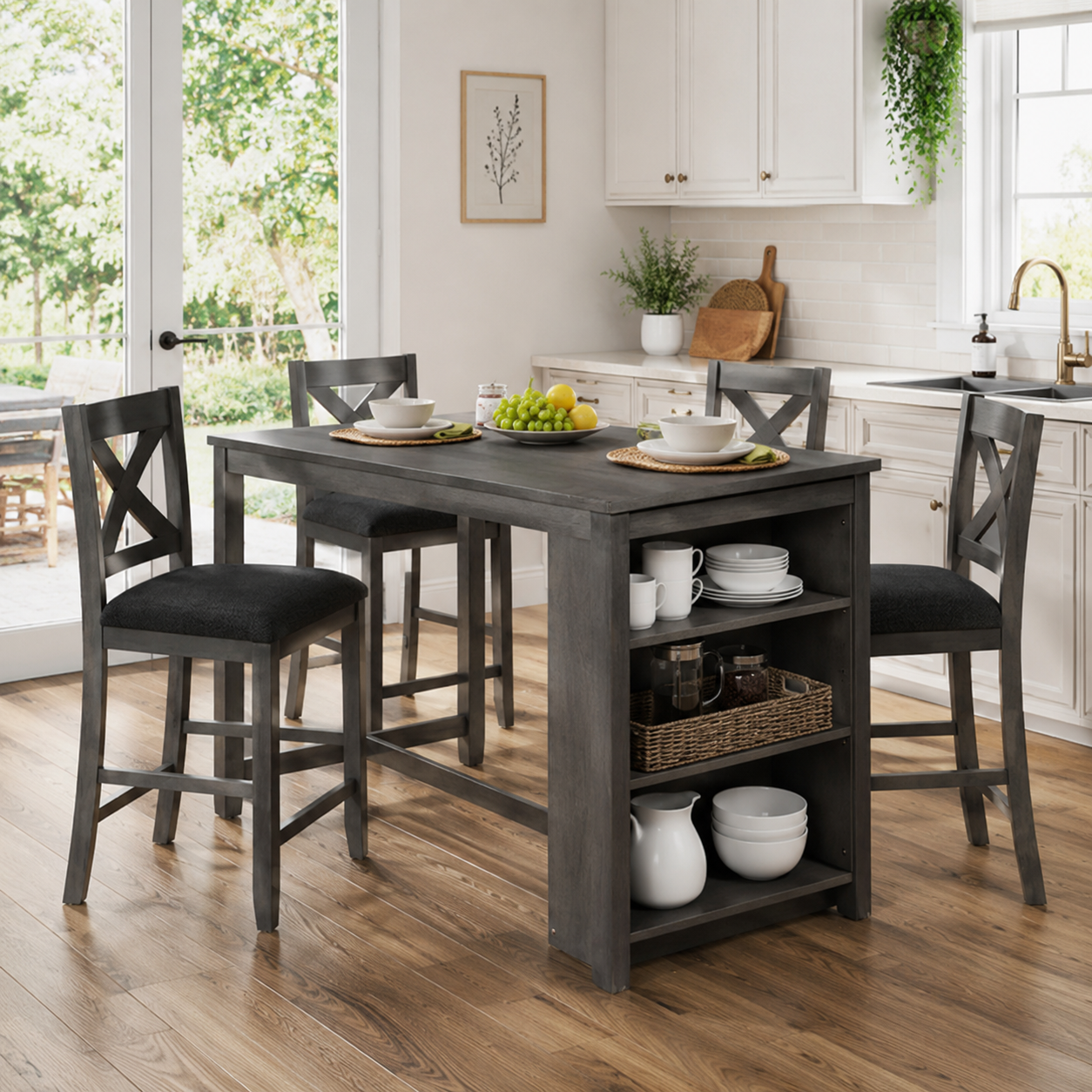 Erie 5 Pieces Counter Height Wooden Bar Table Set with Built-In Storage