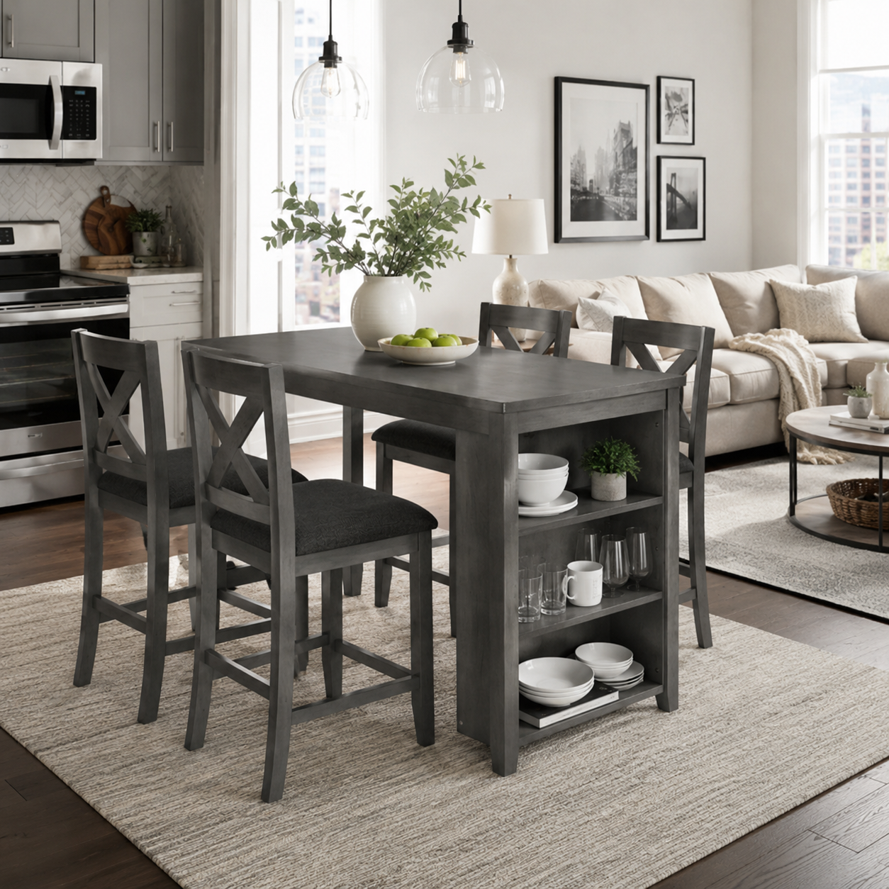 Erie 5 Pieces Counter Height Wooden Bar Table Set with Built-In Storage