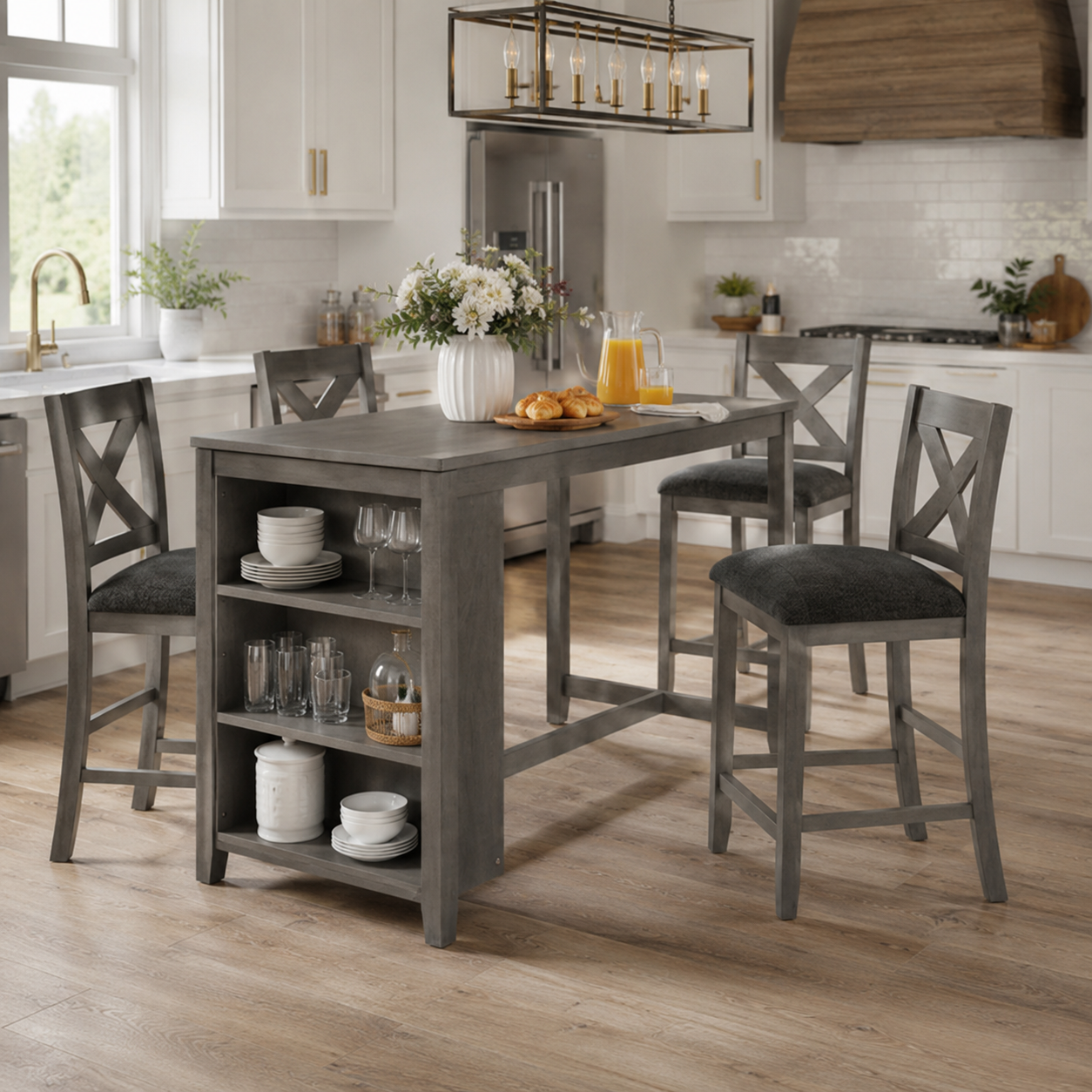 Erie 5 Pieces Counter Height Wooden Bar Table Set with Built-In Storage