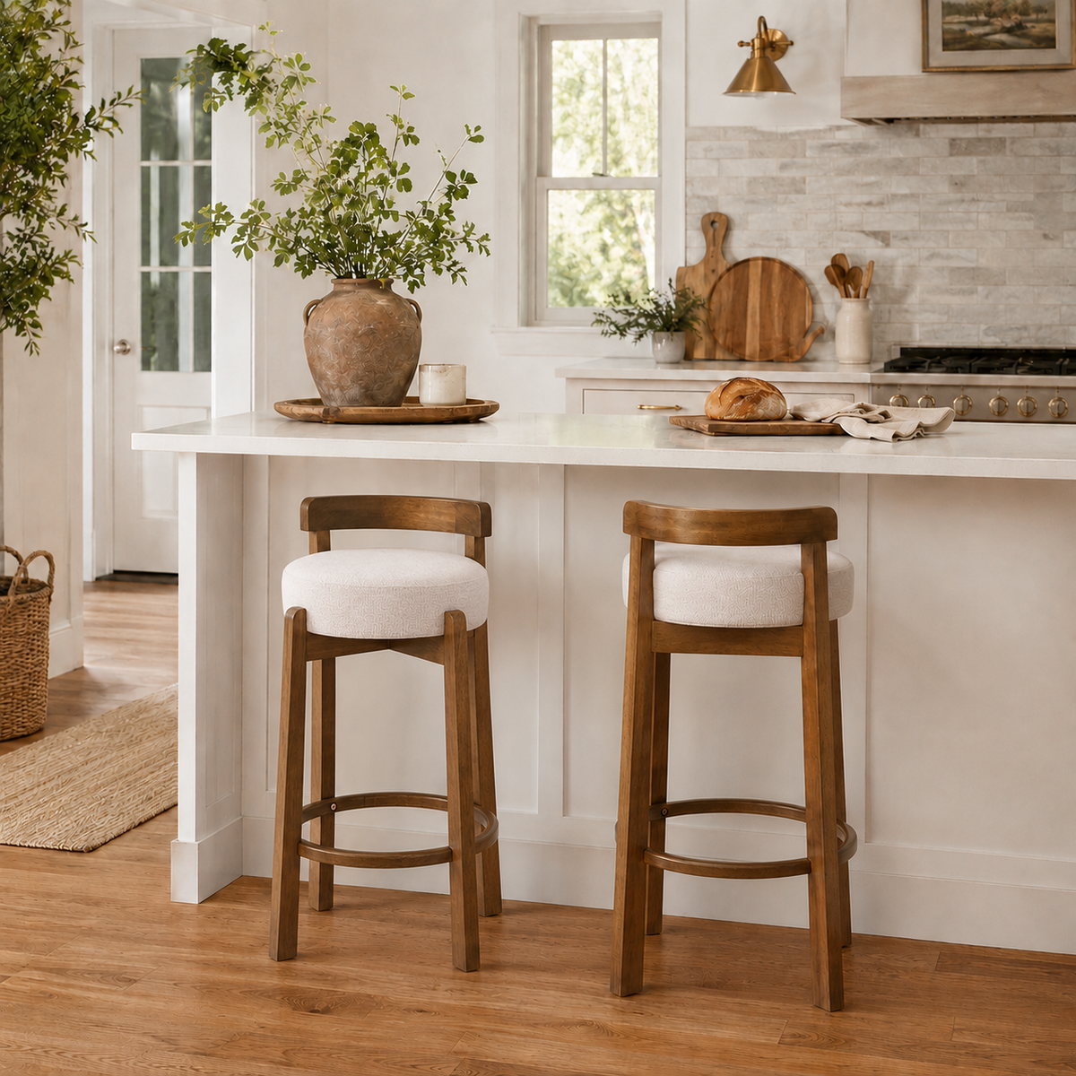 Etna gray bar stool showing two stools beside a bright kitchen island