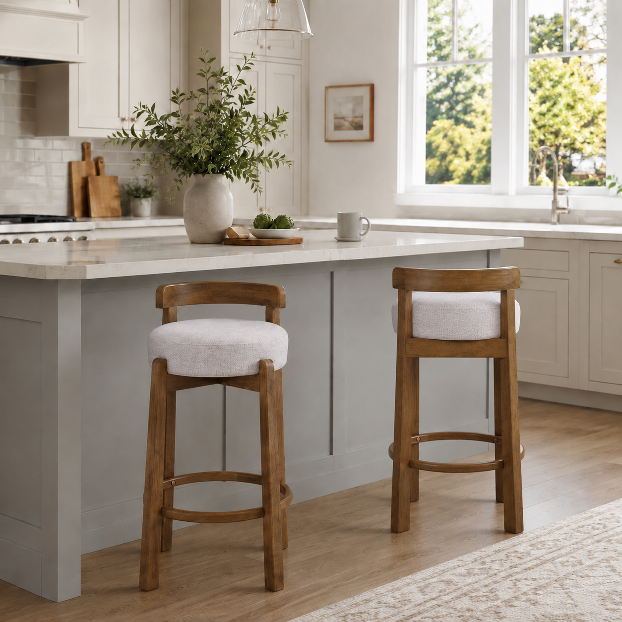Etna gray bar stool showing two stools at a modern kitchen counter