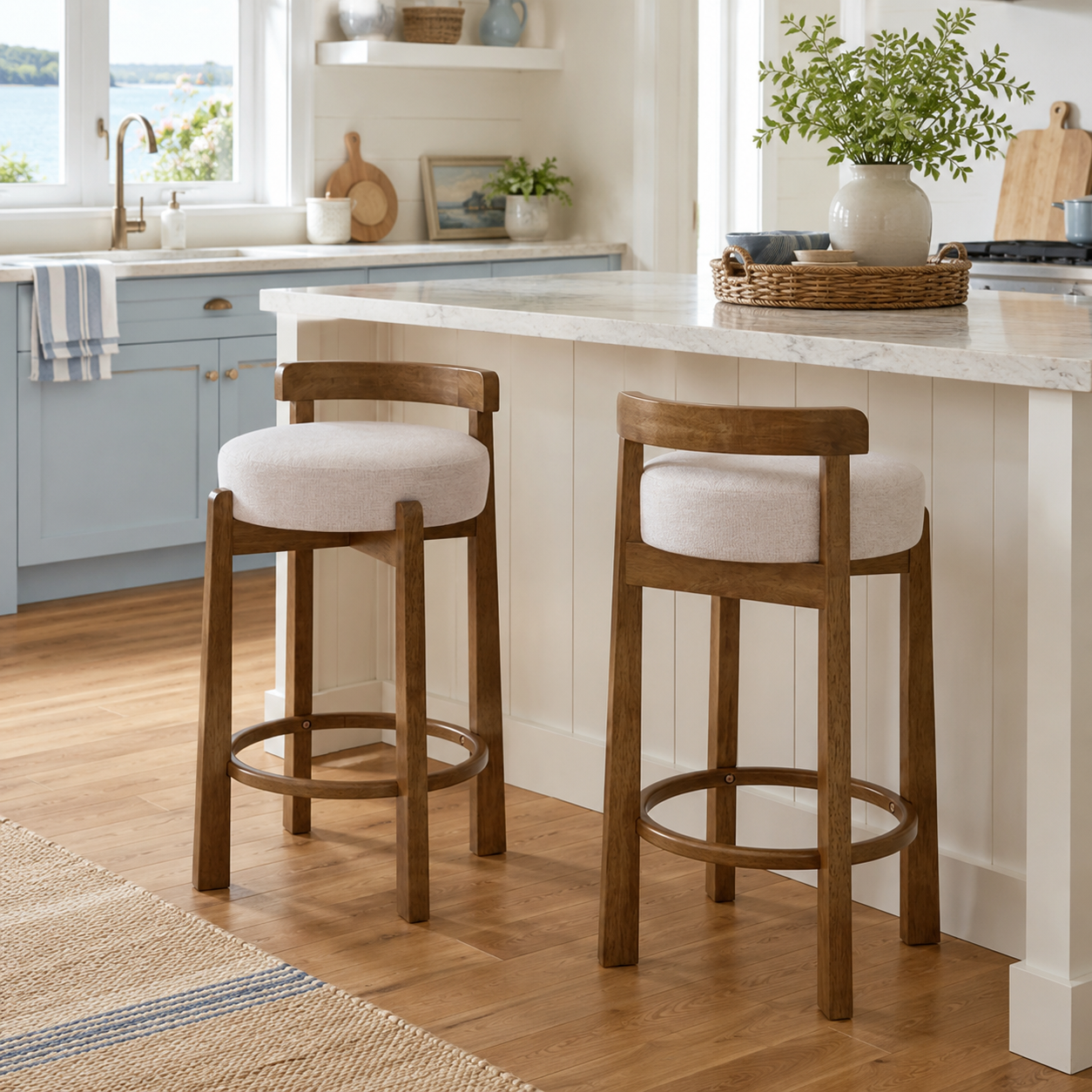 Etna gray bar stool showing two stools in a warm kitchen setting