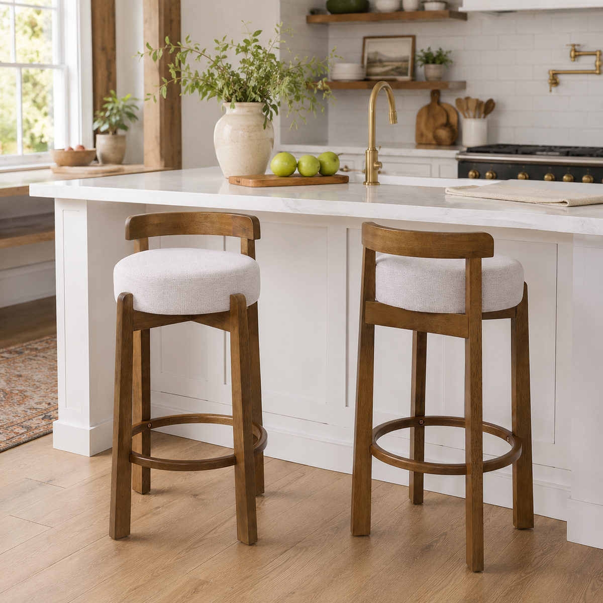 Etna gray bar stool showing two stools styled beside a kitchen island