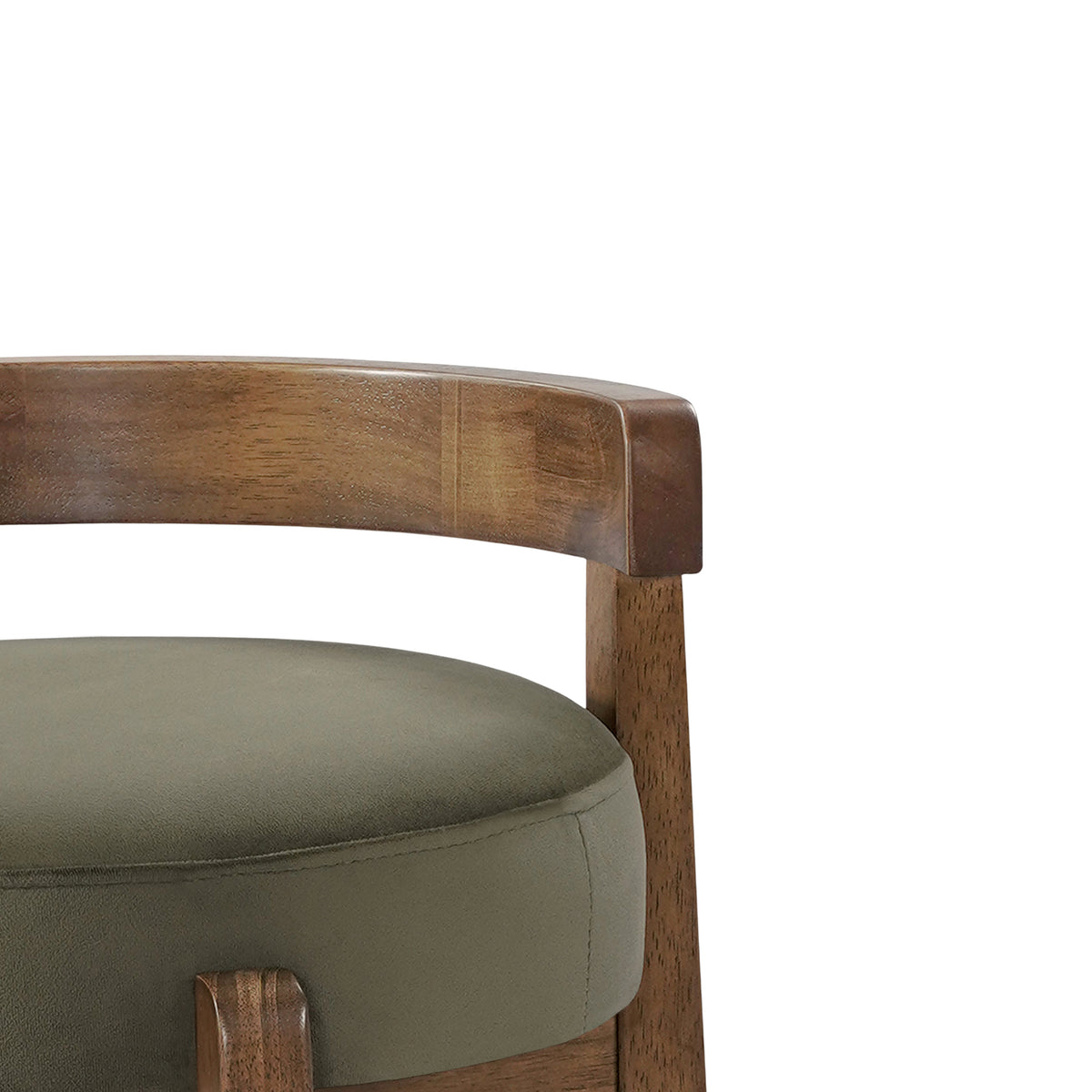 Etna green upholstered bar stool showing curved rubberwood back detail