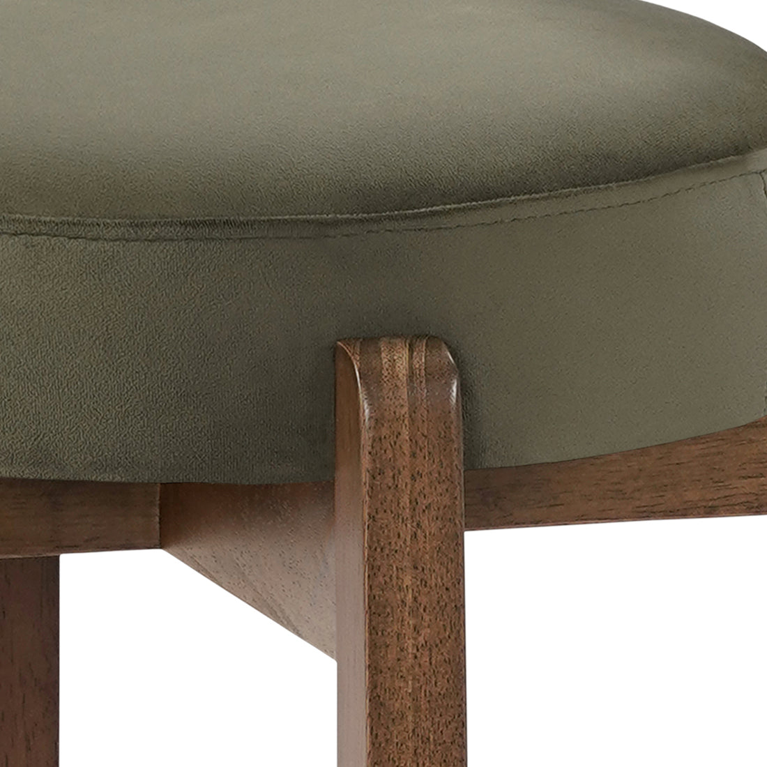 Etna green upholstered bar stool showing seat and leg connection detail