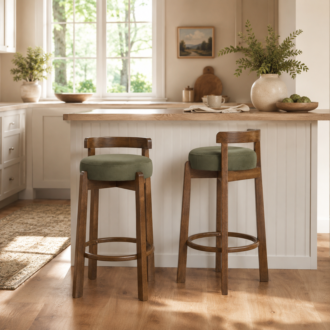 Etna green upholstered bar stools beside a kitchen island