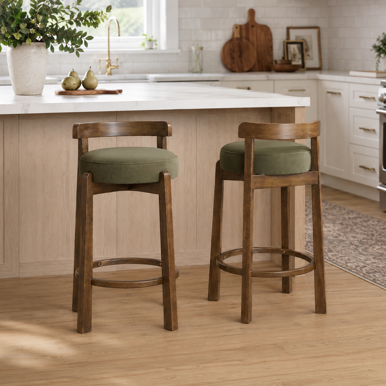 Etna green upholstered bar stools at a kitchen counter