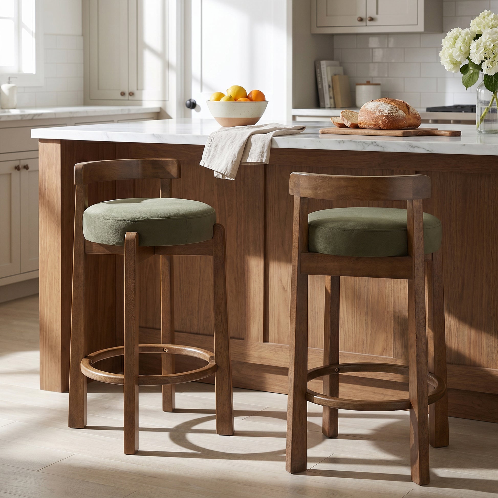 Etna green upholstered bar stools in a home bar setting