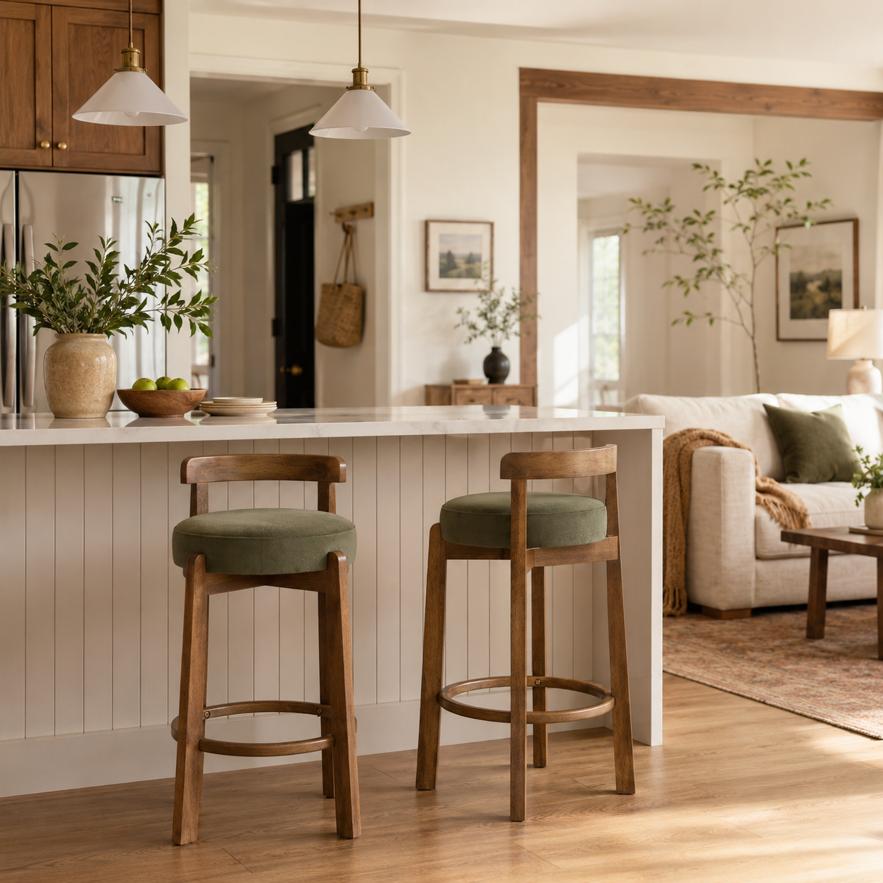 Etna green upholstered bar stools in a home bar setting