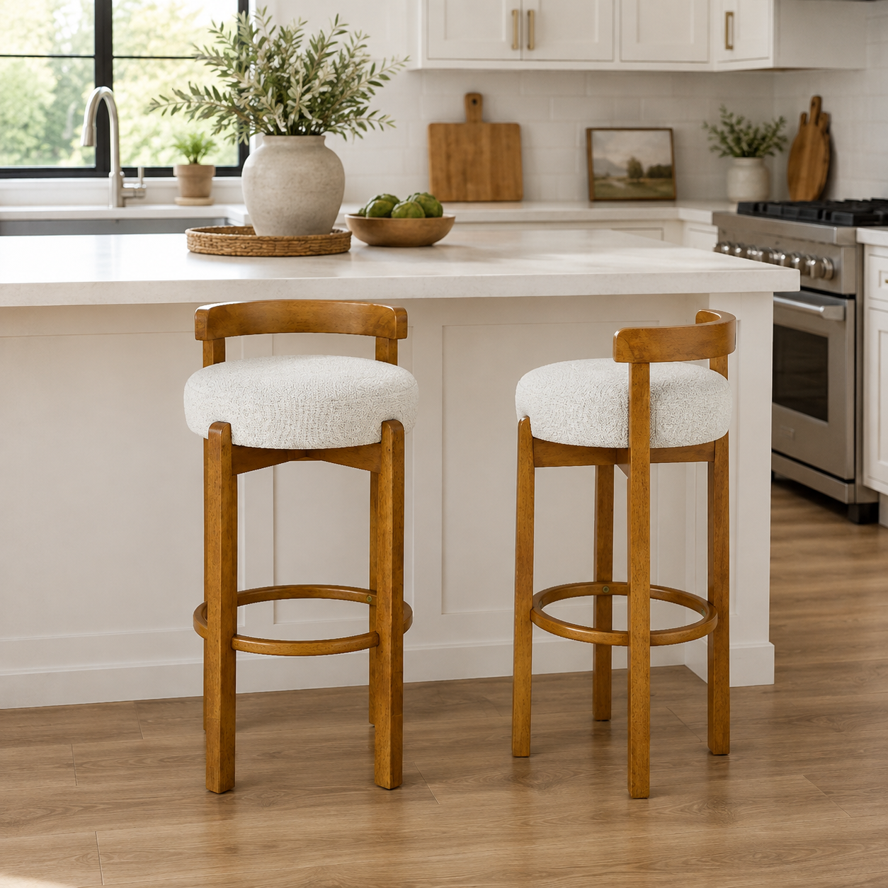 Etna ivory upholstered bar stools in a kitchen island setting