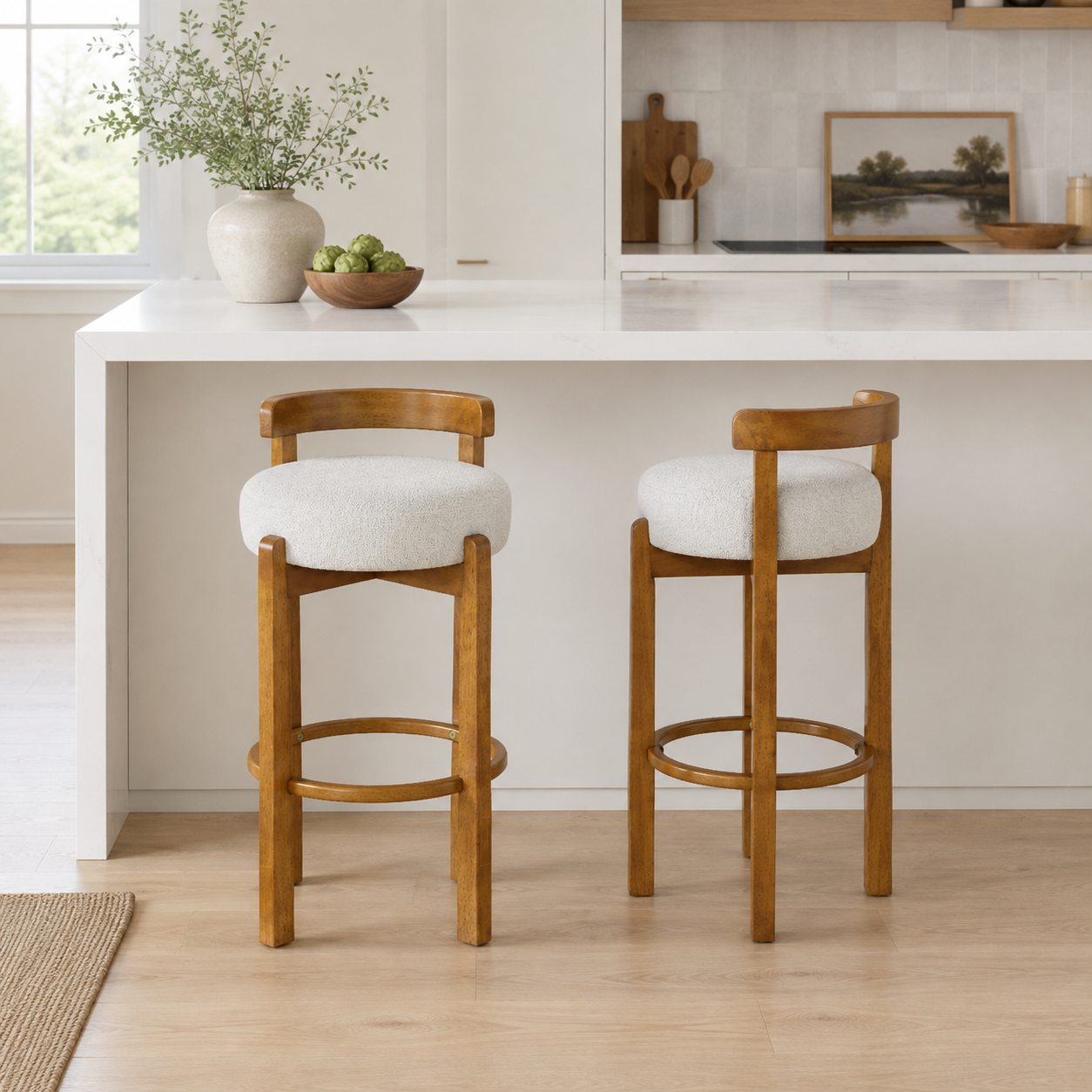 Etna ivory upholstered bar stools in a modern kitchen setting