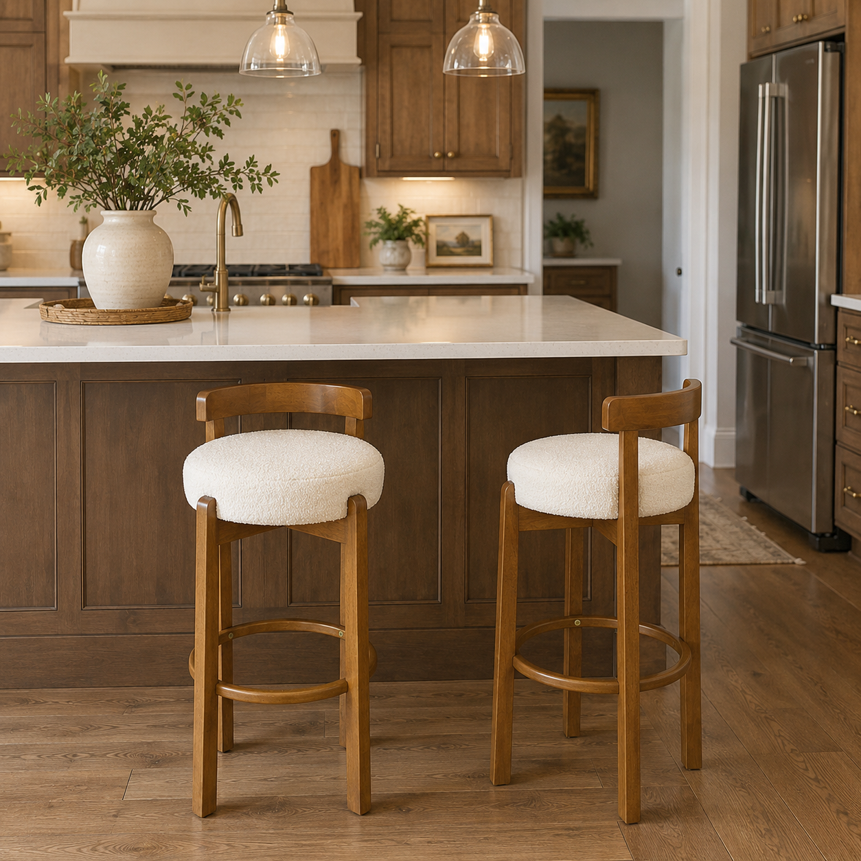 Etna white upholstered bar stools beside a kitchen island