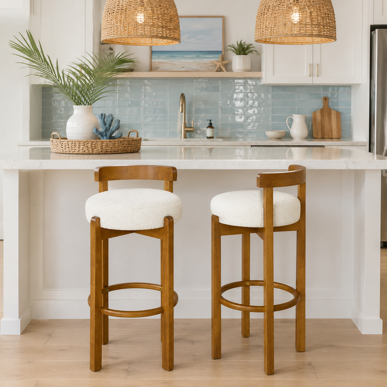 Etna white upholstered bar stools in a bright kitchen setting