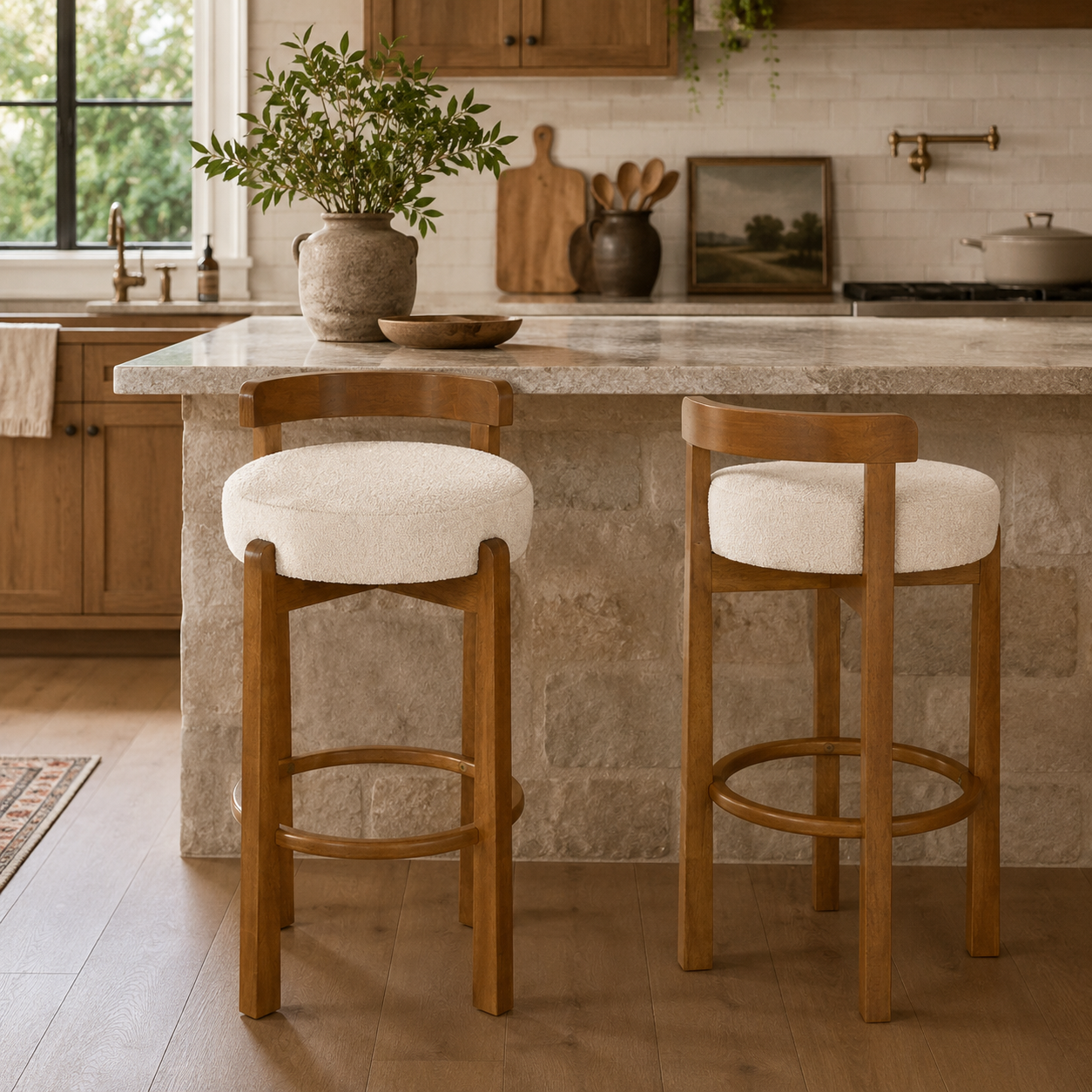 Etna white upholstered bar stools at a kitchen island