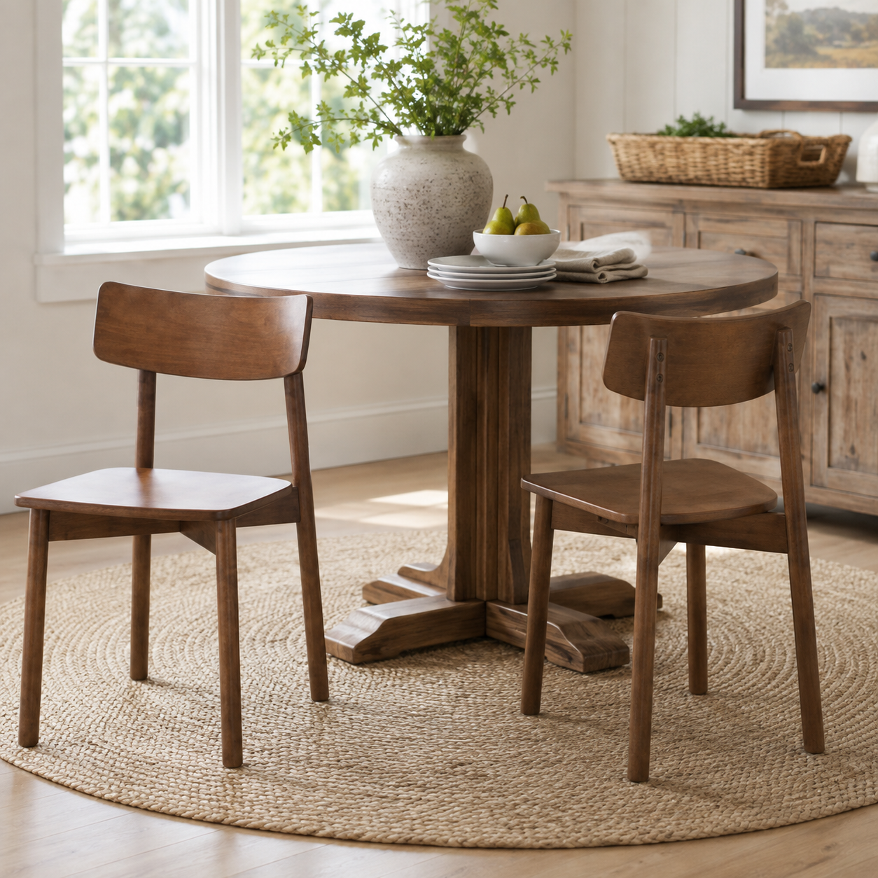 Euphrates brown mid century modern solid wood dining chairs set of two around a round wood dining table