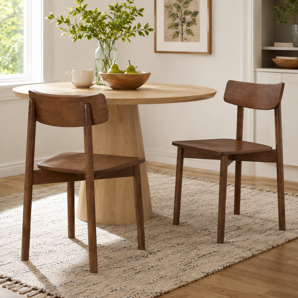 Euphrates brown mid century dining chairs set of two beside a wood dining table in a warm dining space