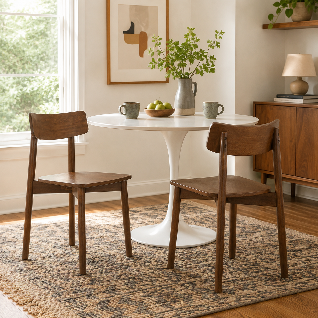 Euphrates brown solid wood dining chairs in a cozy dining room with natural light