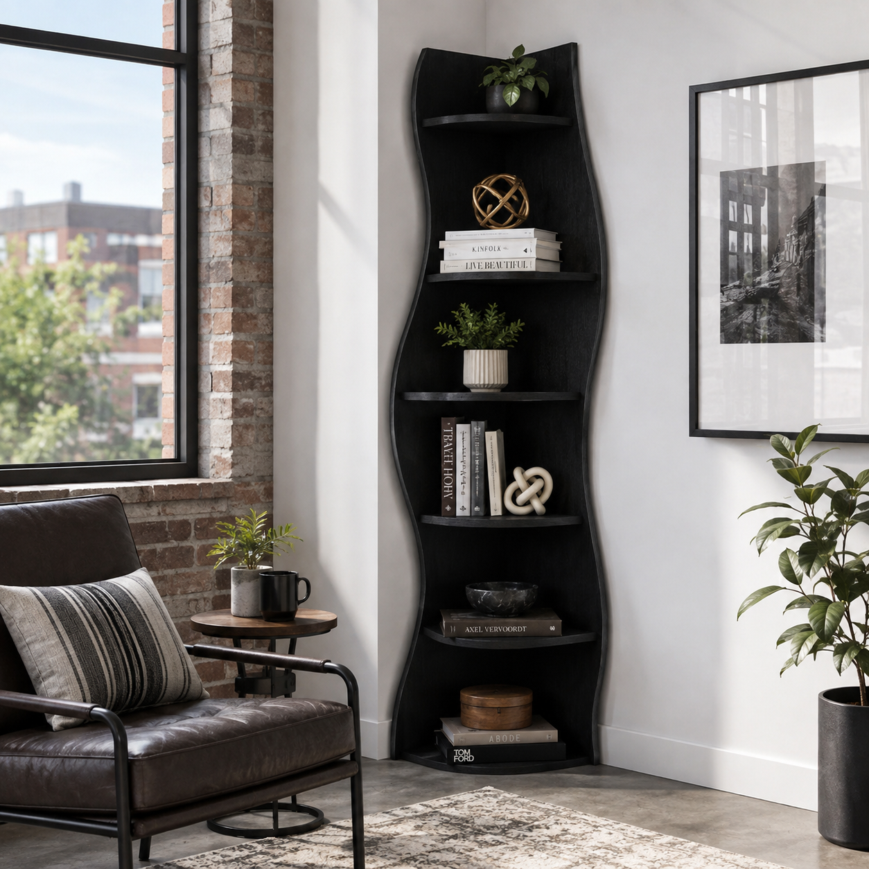 Eureka black corner bookcase showing vertical storage beside a sofa and large window