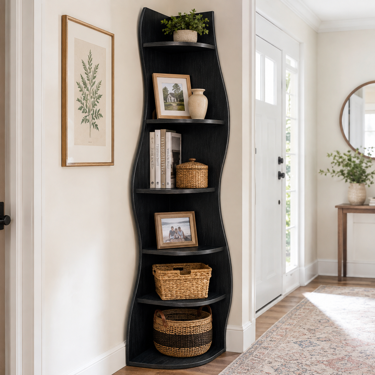 Eureka black corner bookcase showing books and baskets beside framed wall art
