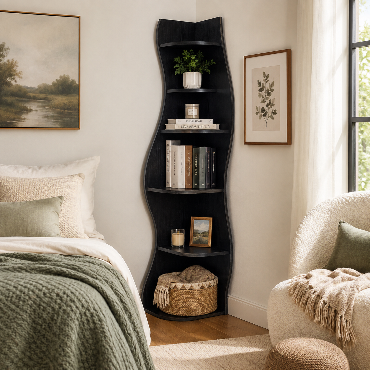 Eureka black corner bookcase showing five-tier storage beside a bed in a neutral bedroom
