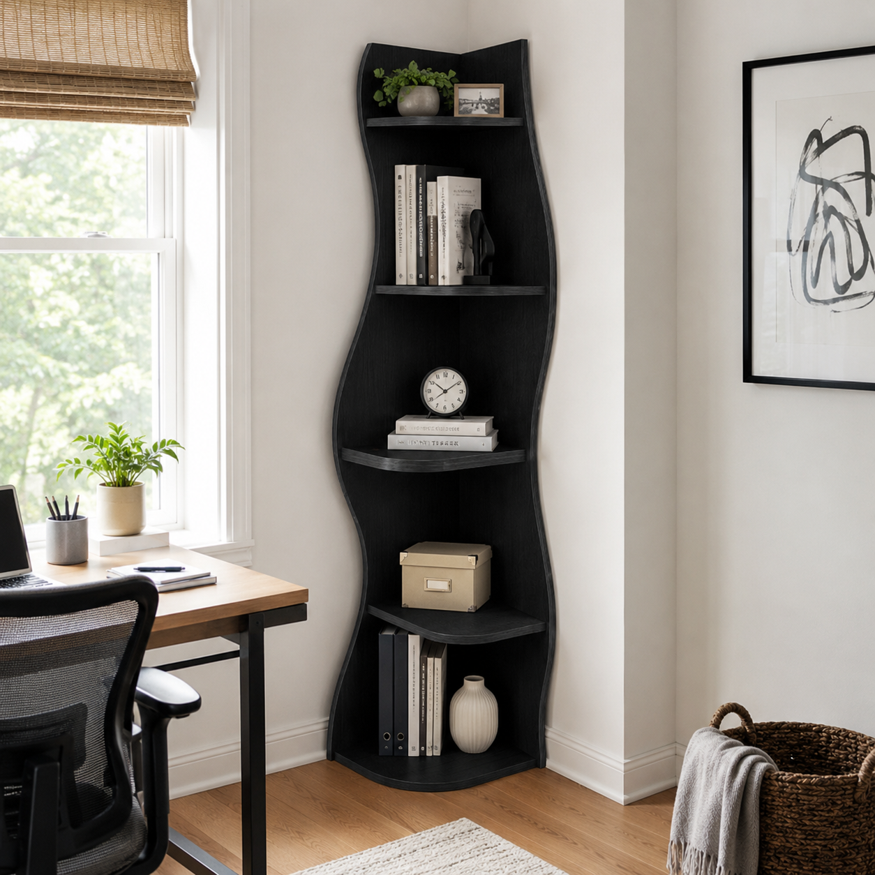 Eureka black corner bookcase showing open shelving beside a desk and bright window