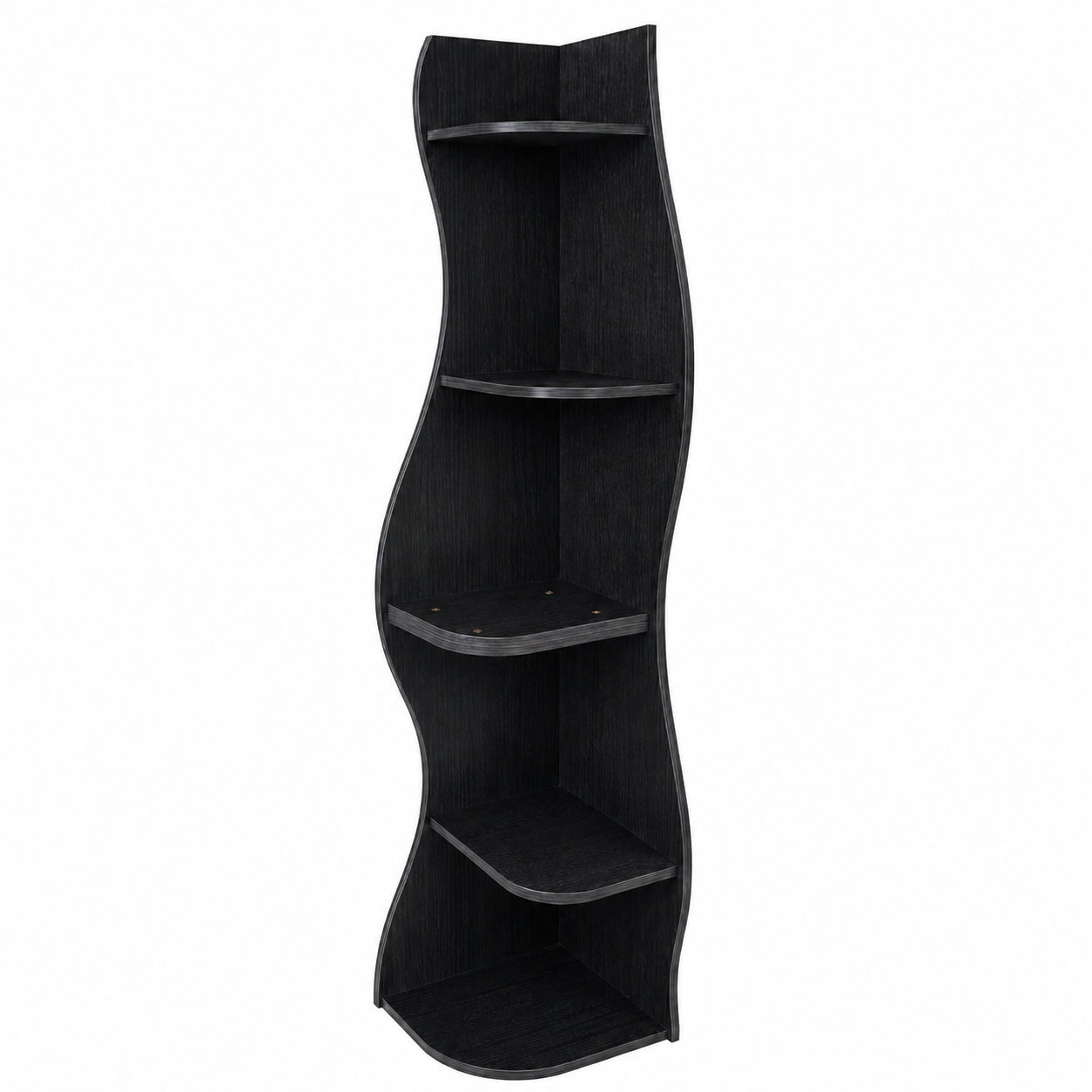 Eureka black corner bookcase showing the narrow front profile and stacked shelves