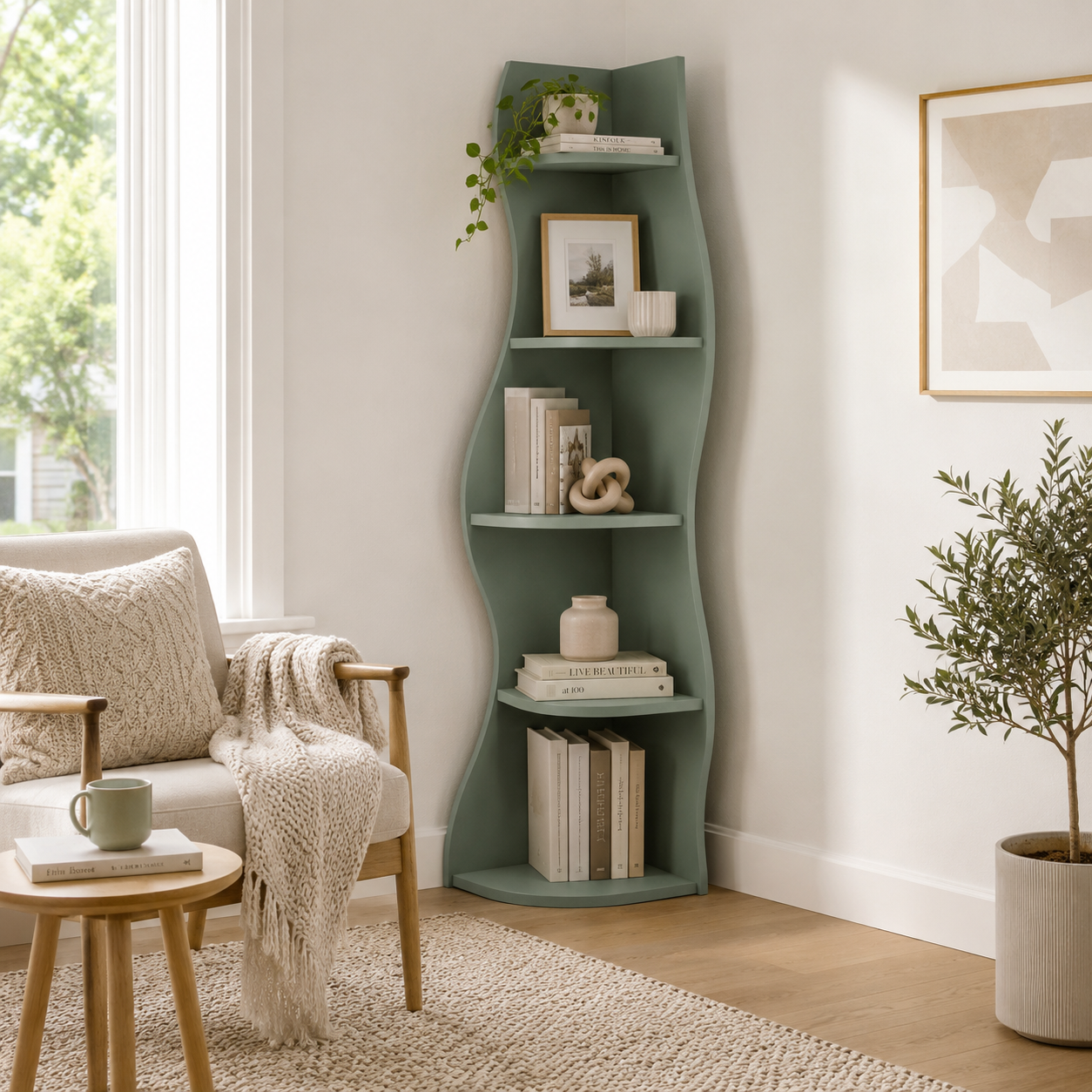 Eureka green corner bookcase showing five-tier storage beside a chair and framed wall art