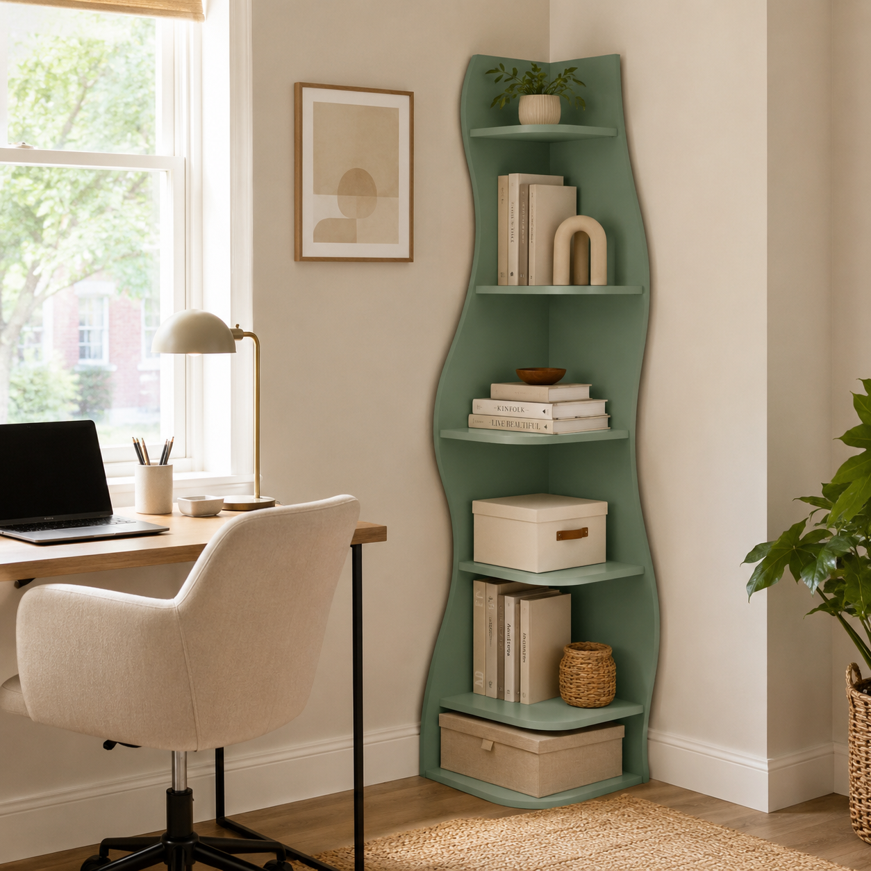 Eureka green corner bookcase showing books and decor beside a desk in a bright room