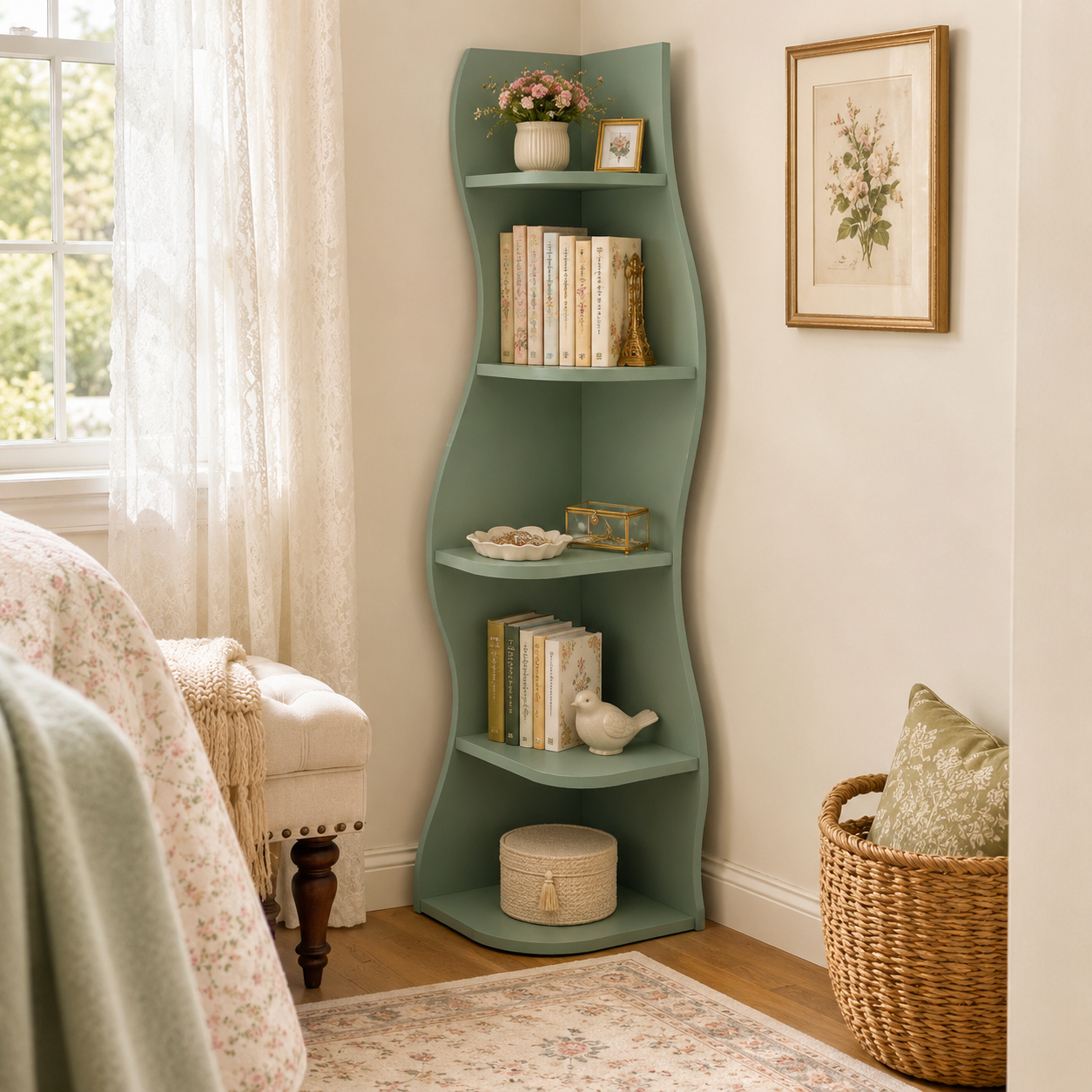 Eureka green corner bookcase showing decorative storage near an armchair and sunlit window