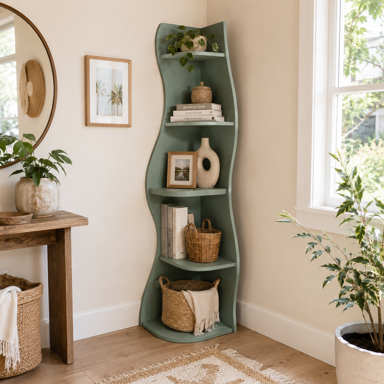 Eureka green corner bookcase showing five open shelves beside a round table and wall decor