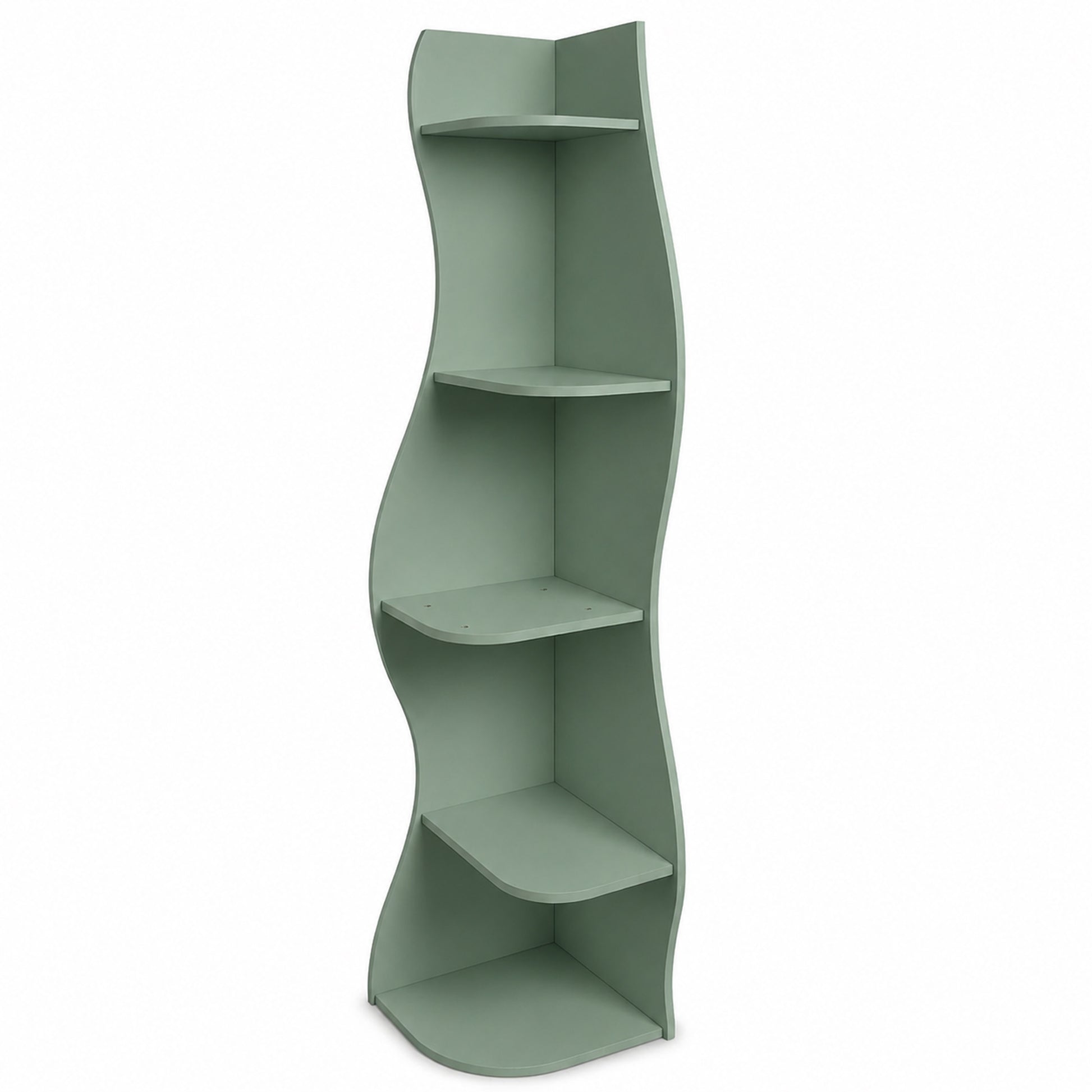 Eureka green corner bookcase showing a left angled view of the curved five-tier frame