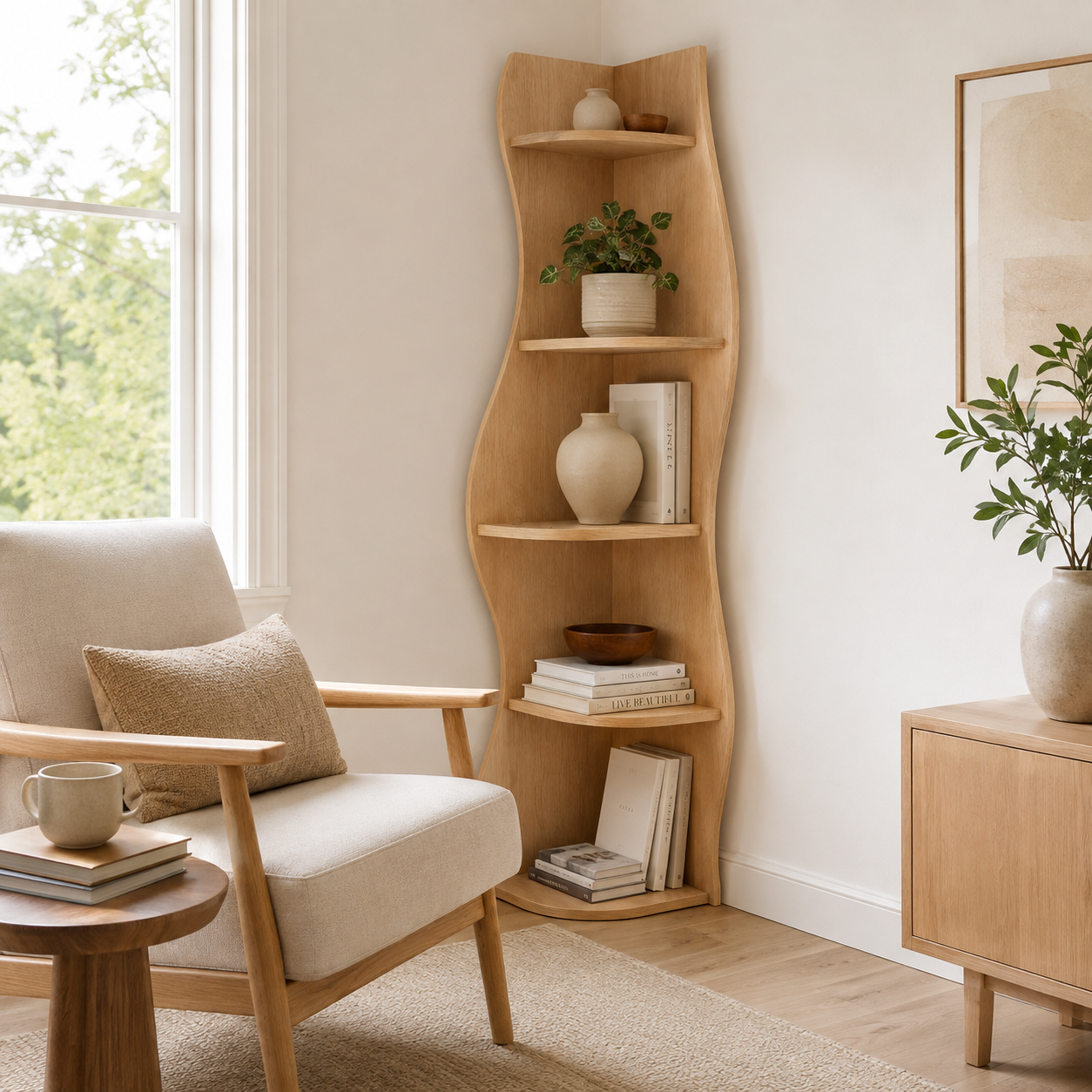 Eureka natural corner bookcase showing books and decor beside an armchair in a warm living room