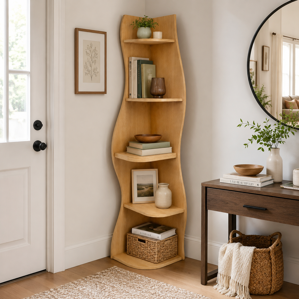 Eureka natural corner bookcase showing books and decor near a doorway and indoor plant
