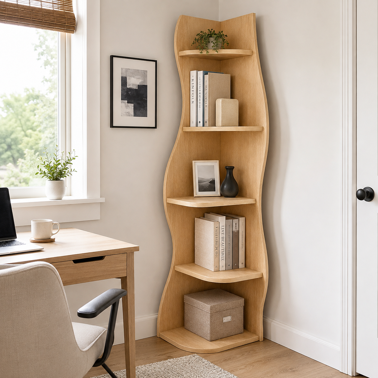 Eureka natural corner bookcase showing five-tier storage beside a desk and round mirror