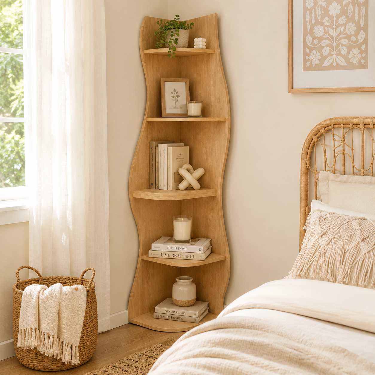 Eureka natural corner bookcase showing books and decor beside a bed in a bright bedroom