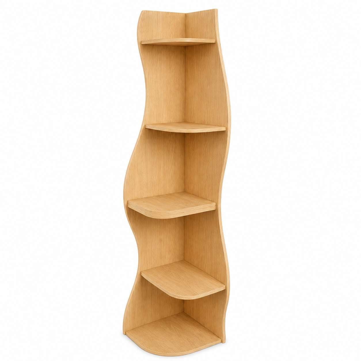 Eureka natural corner bookcase showing a left angled view of the curved shelf design