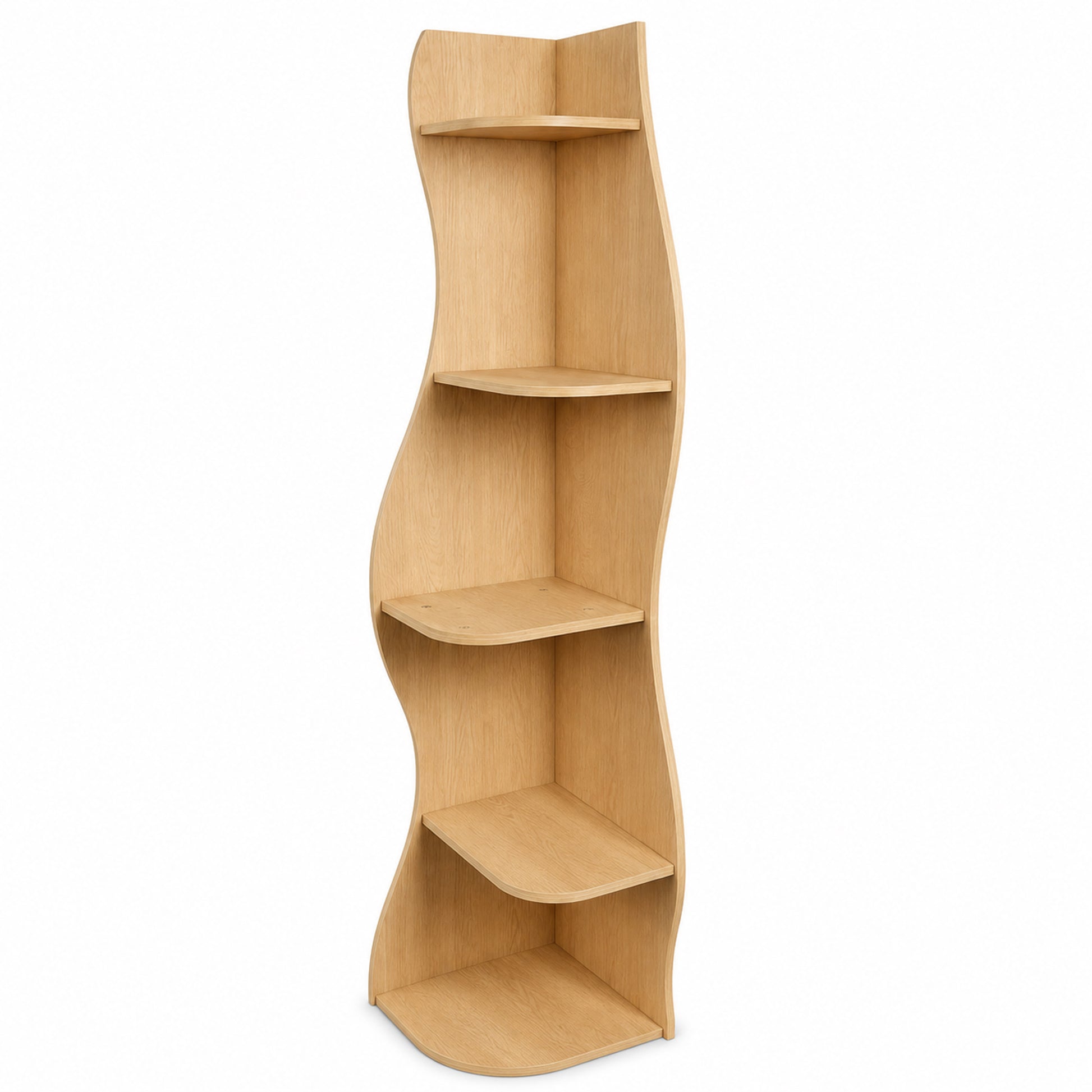 Eureka natural corner bookcase showing the narrow front profile and natural wood-look finish