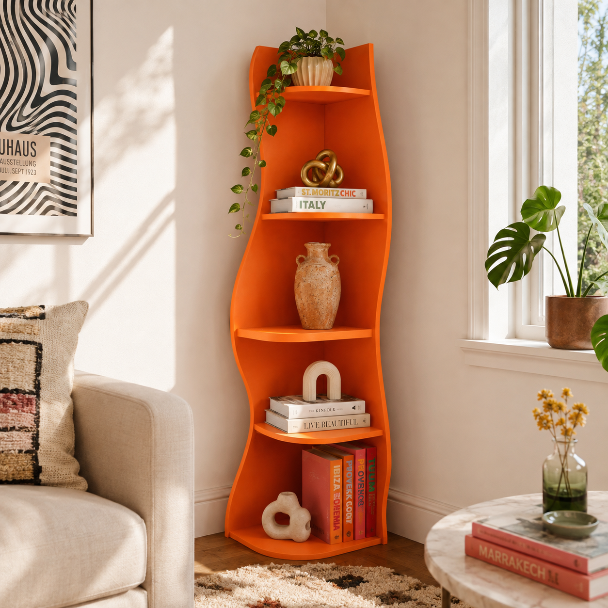 Eureka orange corner bookcase showing books and decor in a bright reading corner