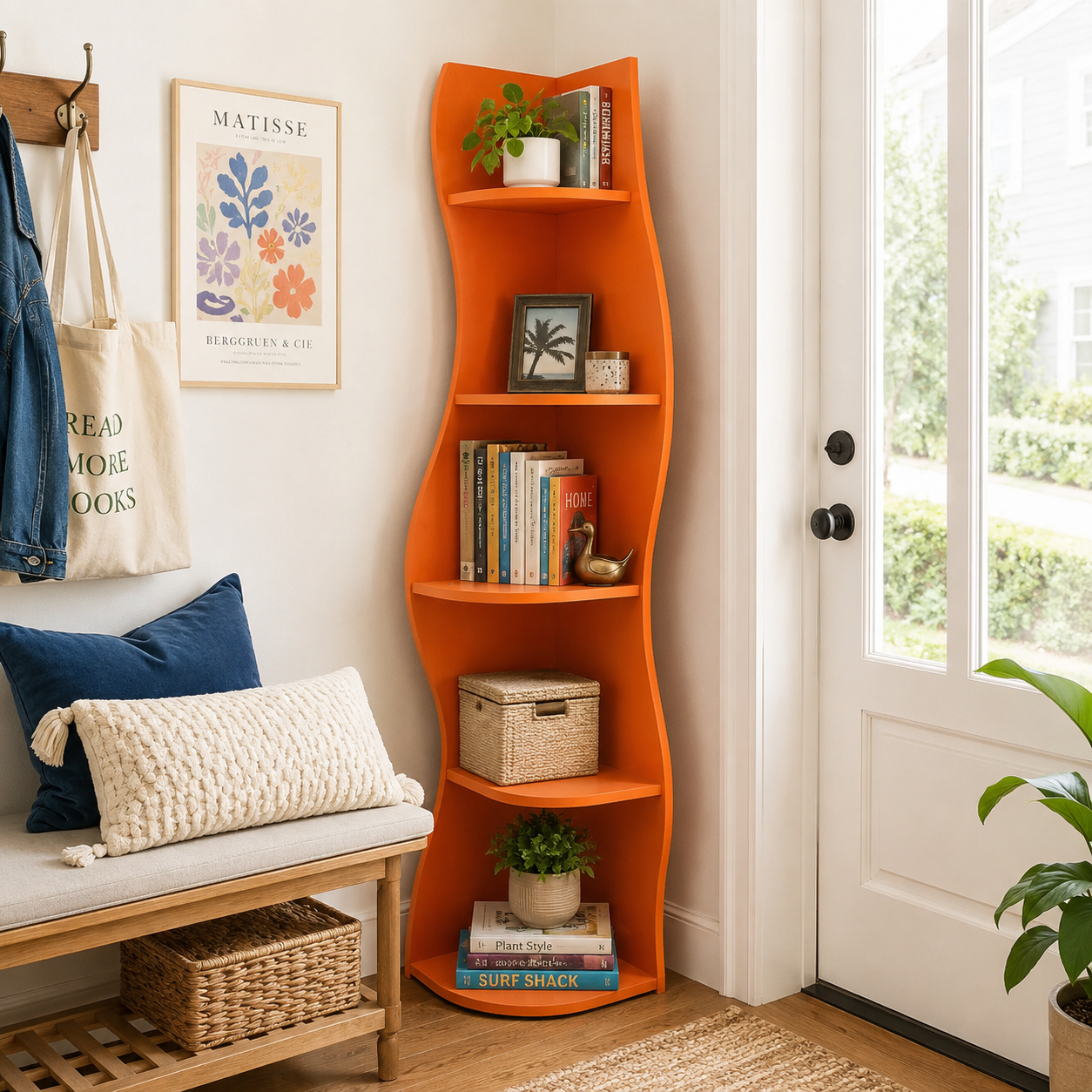 Eureka orange corner bookcase showing five-tier storage beside a bed and large window