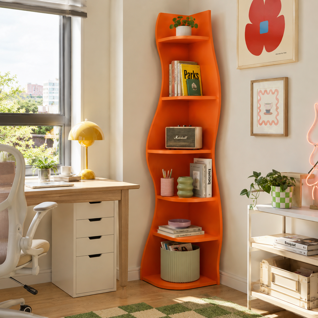 Eureka orange corner bookcase showing books and decor in a colorful study area