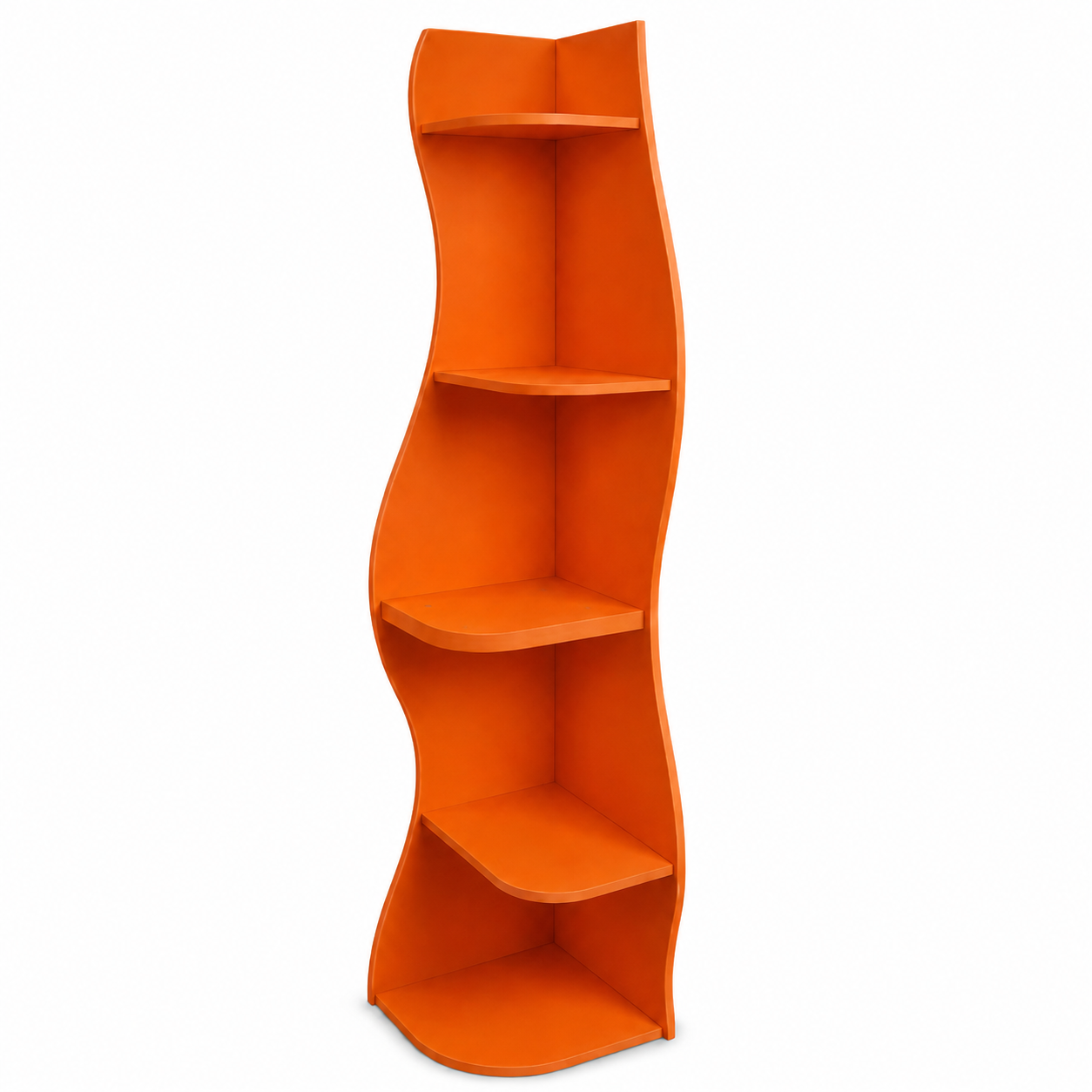 Eureka orange corner bookcase showing a left angled view with stacked curved shelves