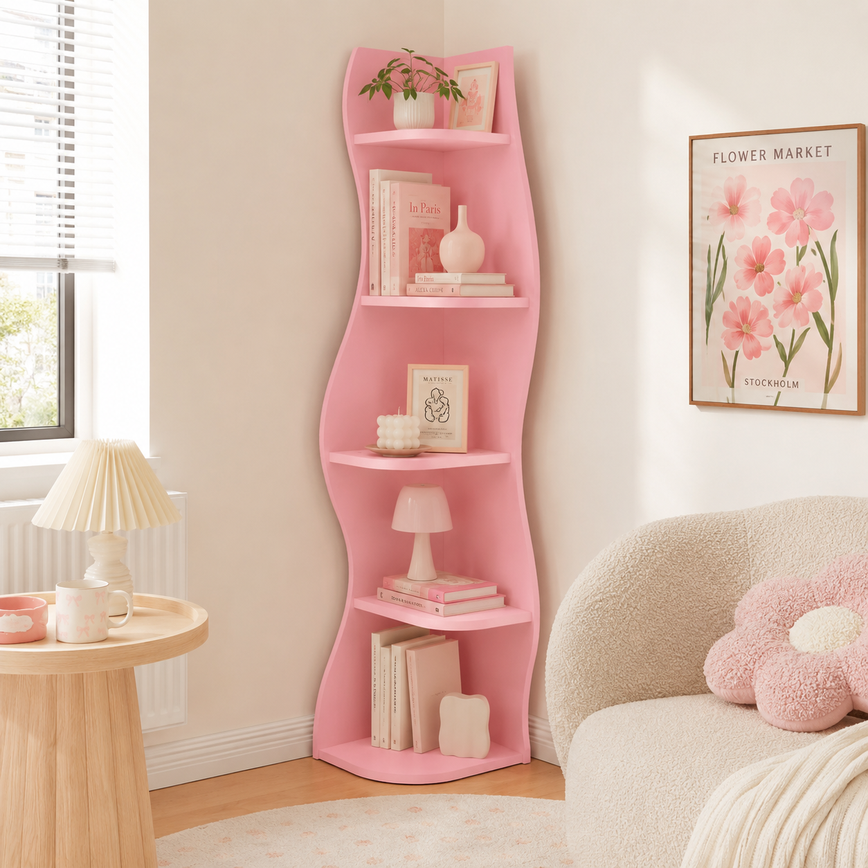 Eureka pink corner bookcase showing five-tier storage in a bright children’s bedroom