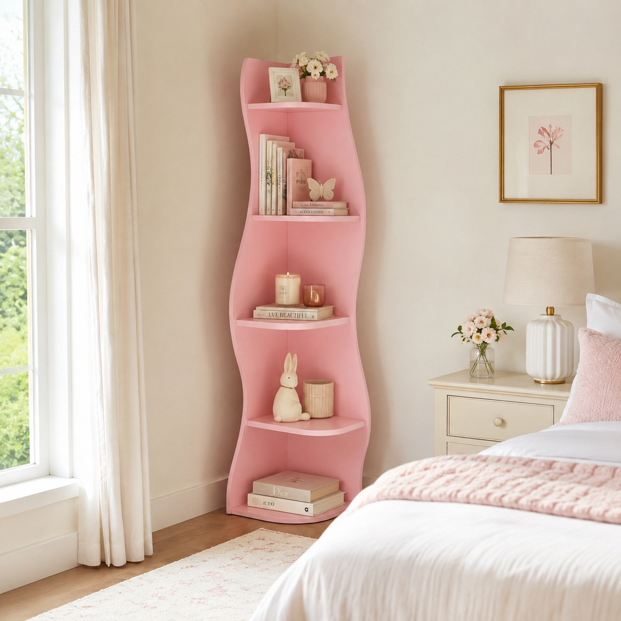 Eureka pink corner bookcase showing books and decor beside a bed and large window
