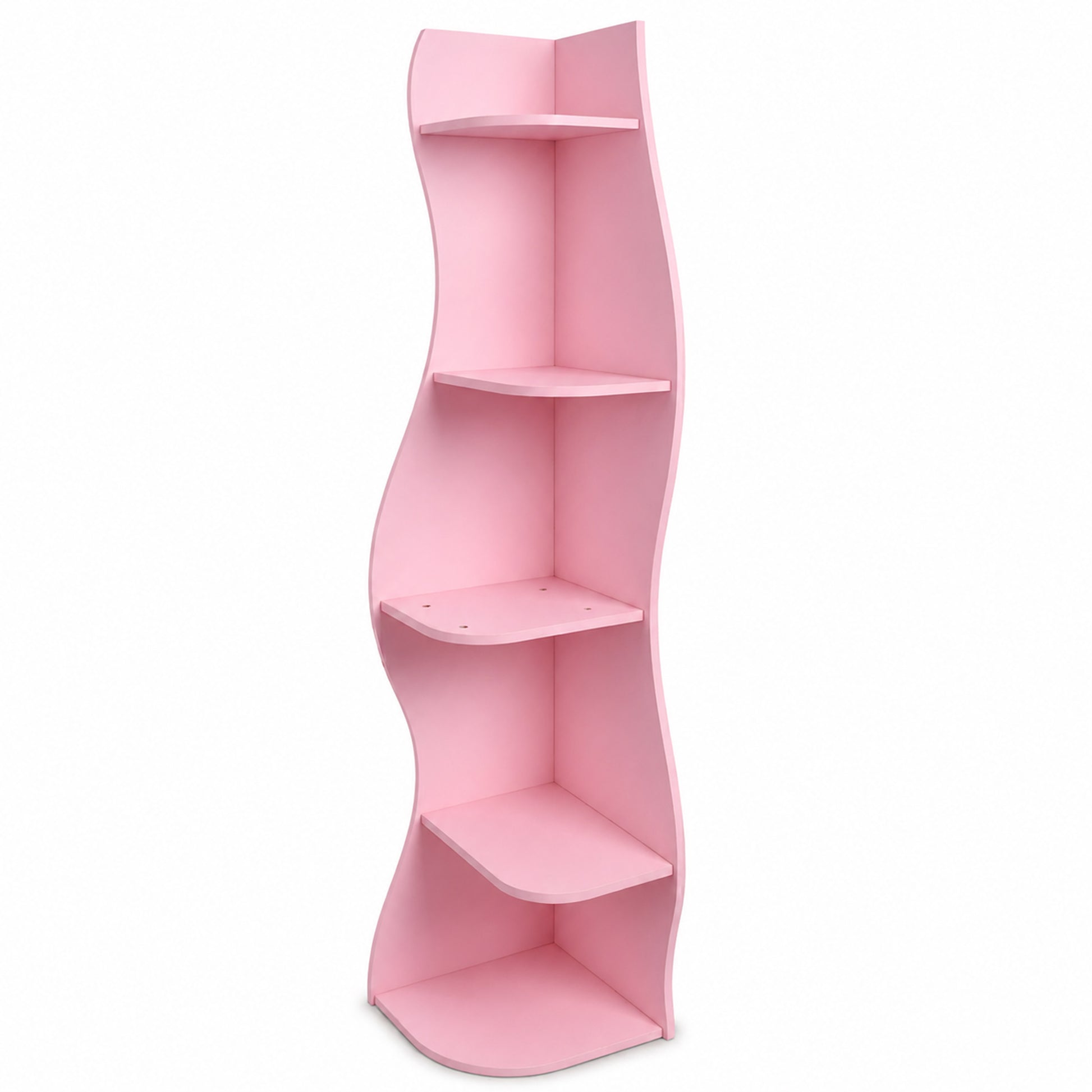 Eureka pink corner bookcase showing the full front angled view with five wavy shelves