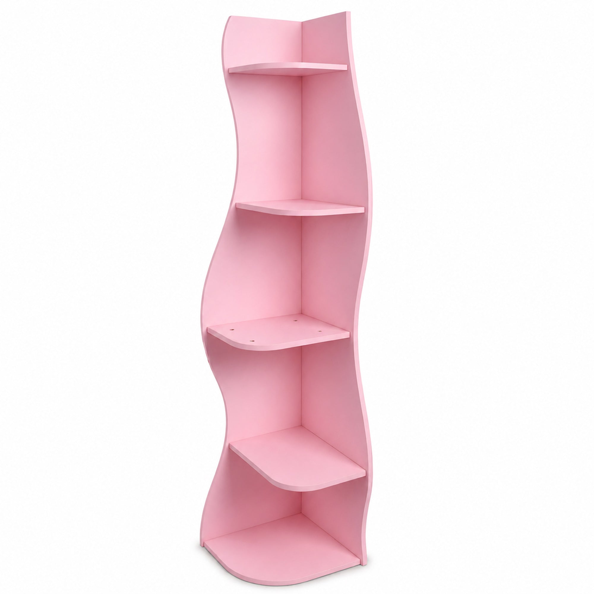 Eureka pink corner bookcase showing the full front angled view with five wavy shelves