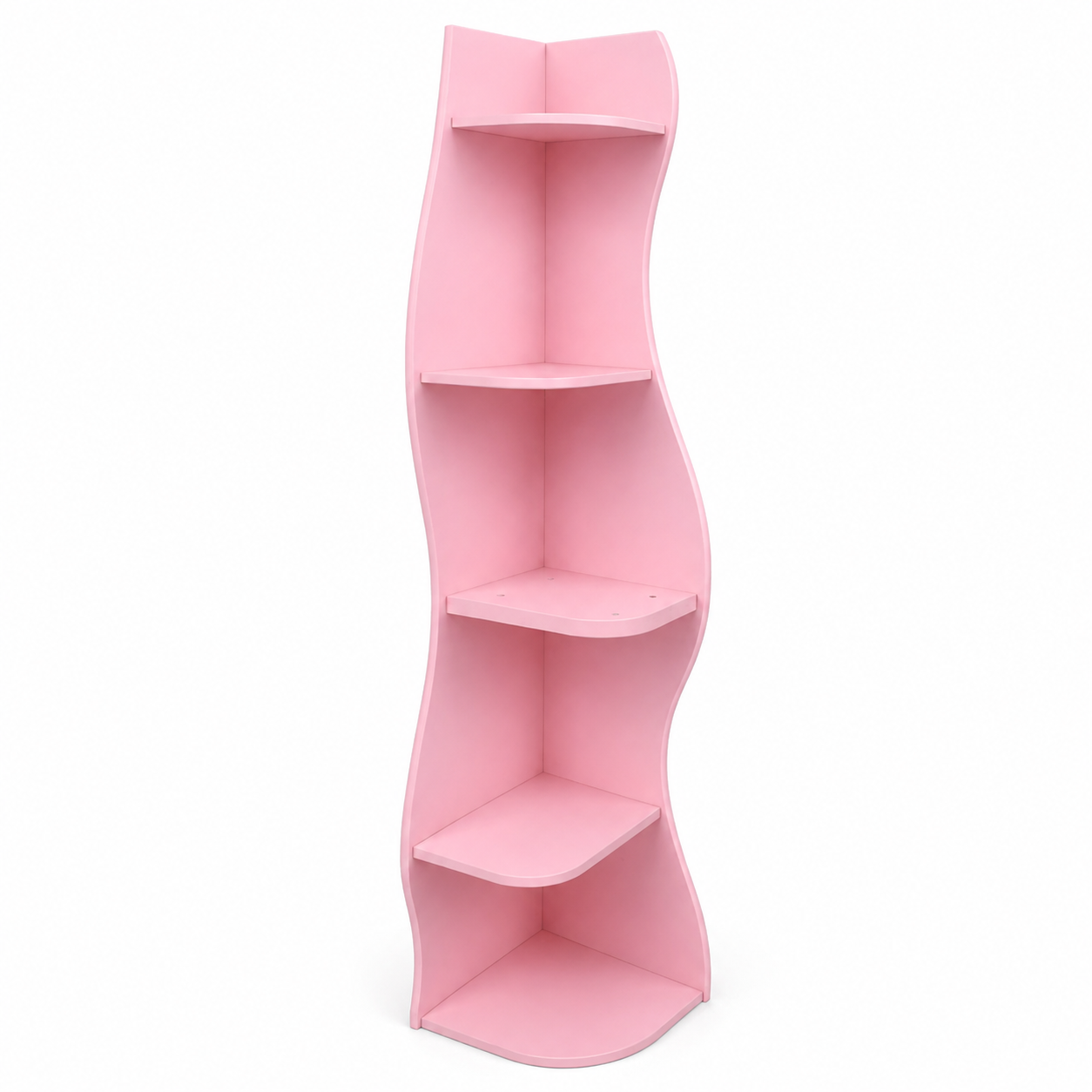 Eureka pink corner bookcase showing a right angled view with a curved vertical frame