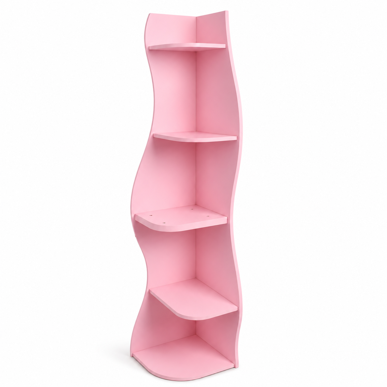 Eureka pink corner bookcase showing the narrow front profile and five-tier design