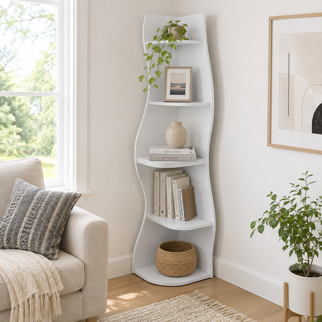 Eureka white corner bookcase showing books and decor beside a sofa and large window