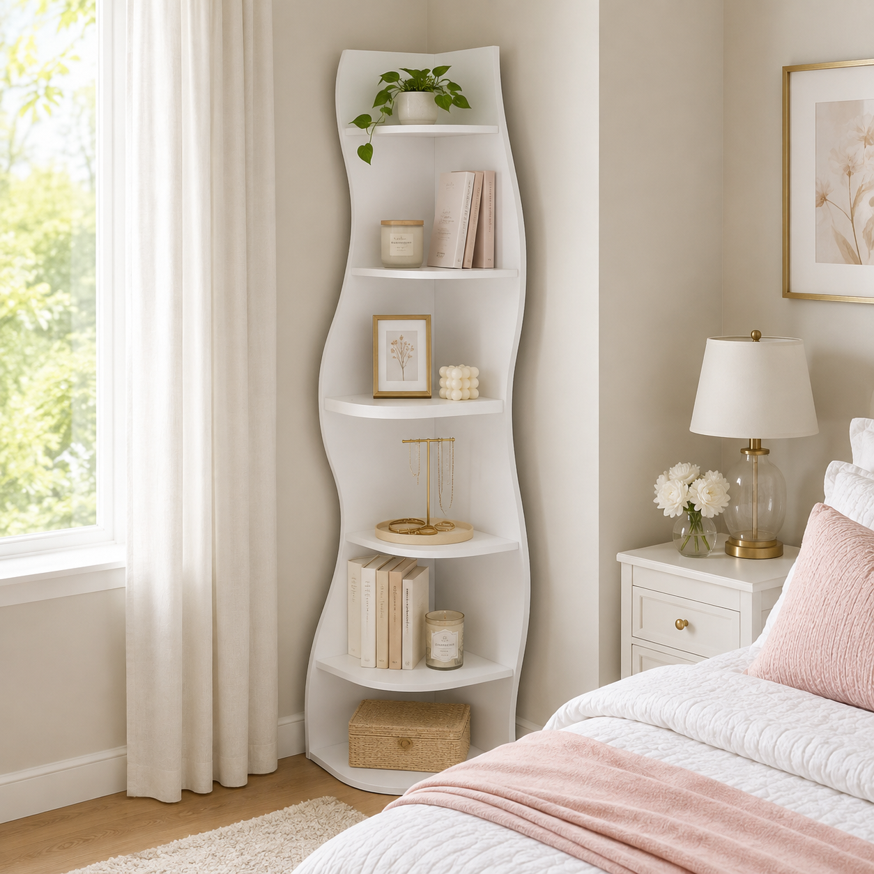 Eureka white corner bookcase showing books and decor beside a bed in a bright bedroom