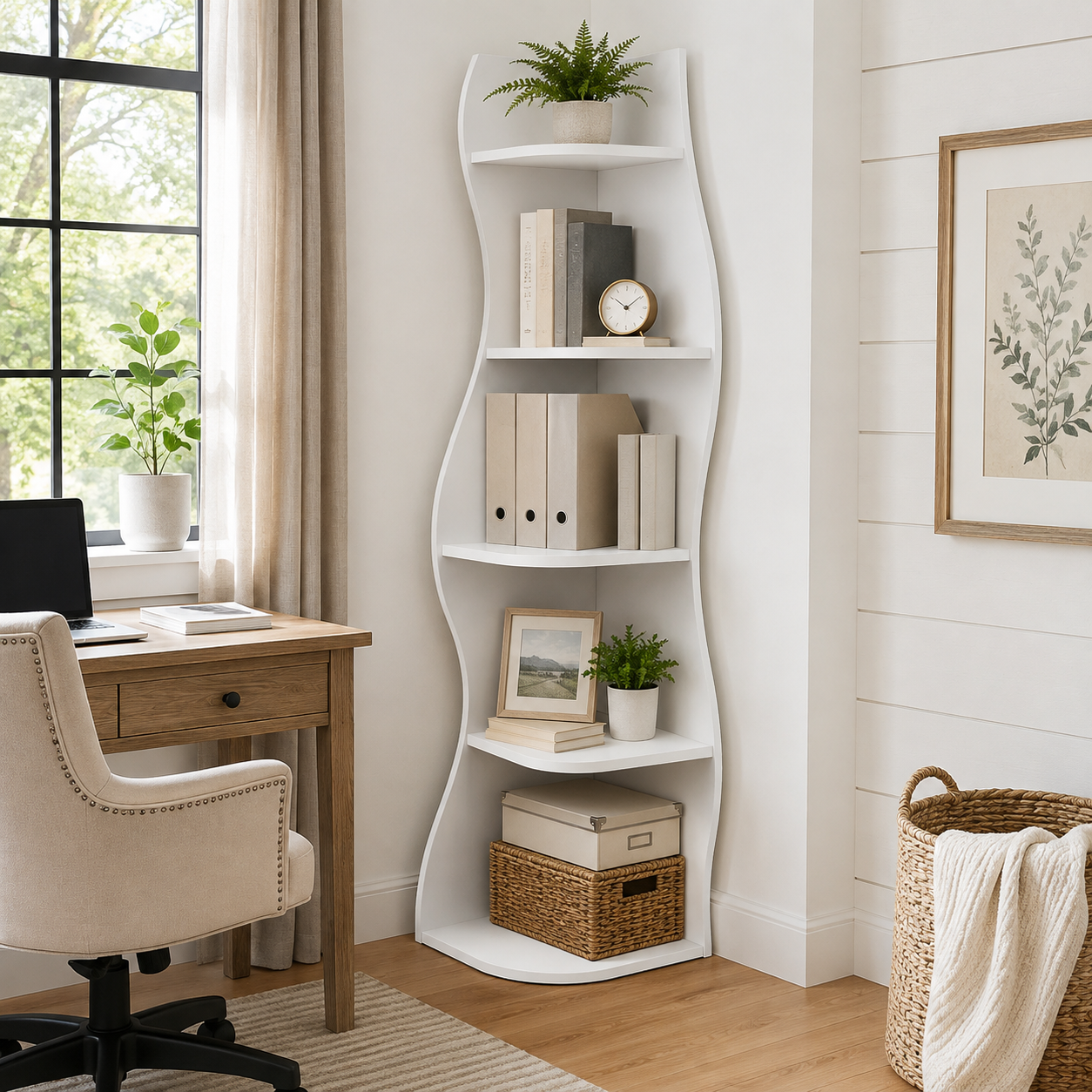 Eureka white corner bookcase showing five-tier storage beside a desk and large window